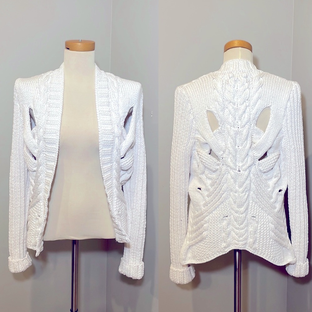 PARTOW Cotton Blend Open Knit Cable Cardigan Sweater WHITE / MEDIUM